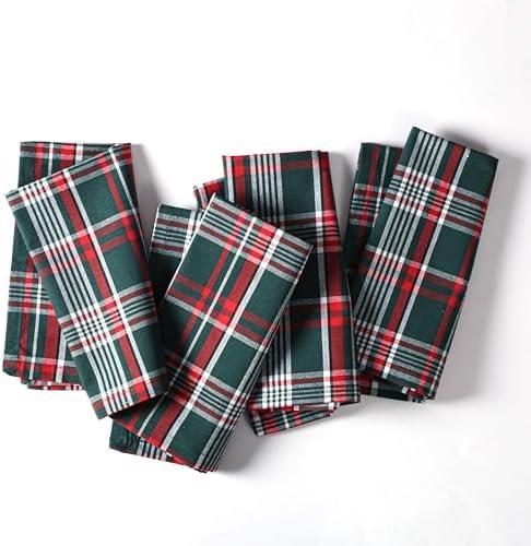 Ramanta Home Christmas Cloth Napkins Set of 5 - Decorative Plaid Check Dinner Napkin for Holiday Guest Party and Gift, Xmas Red Tartan Washable Cotton Reusable Table Linen 18x18 Inch - Green