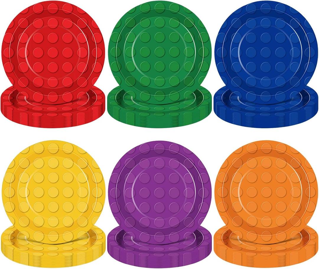 Pickmesh 60 Pcs Building Block Birthday Paper Plates 9 Inch Colorful Building Block Birthday Party Supplies for Baby Shower Party Decoration