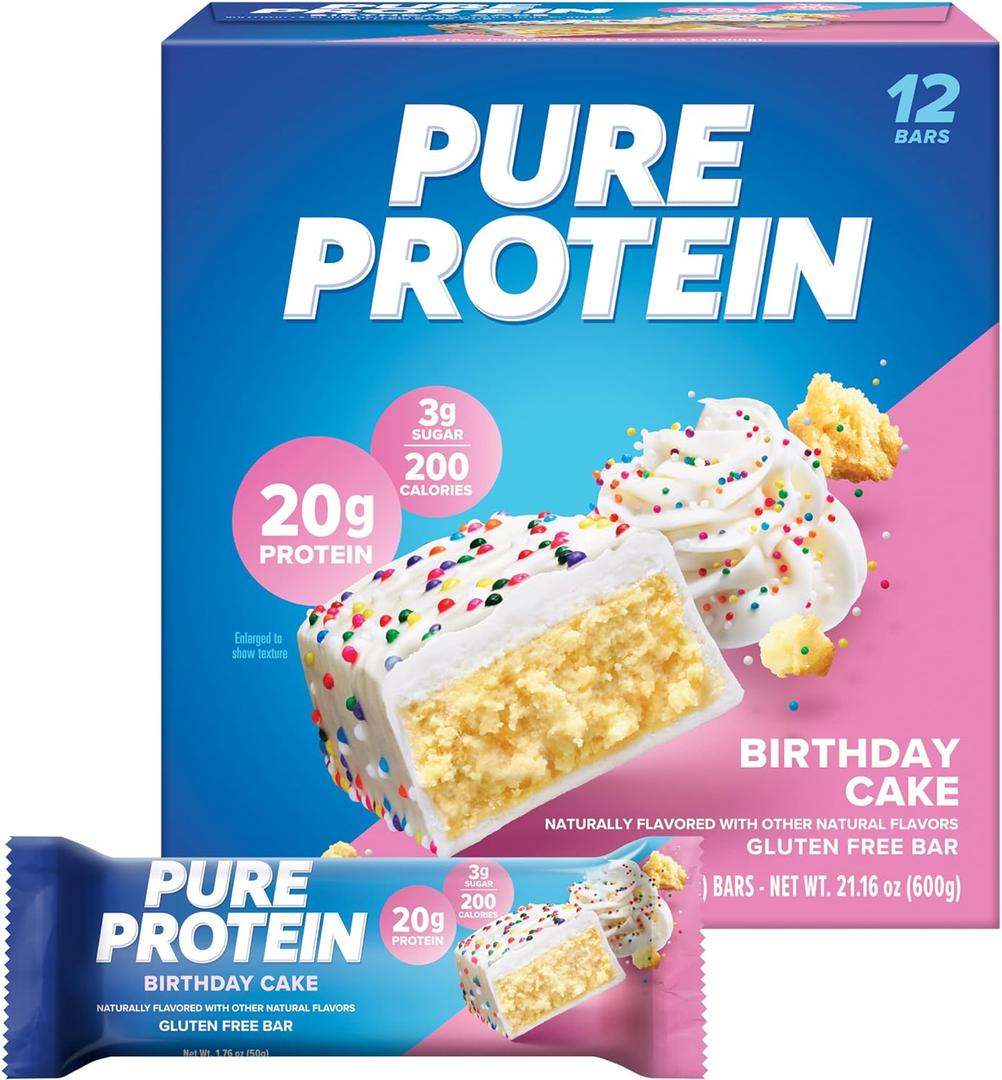 Pure Protein Bars, High Protein, Nutritious Snacks to Support Energy, Low Sugar, Gluten Free, Birthday Cake, 1.76 oz, Pack of 12, Best By: 09/06/25