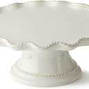 Heritage Scroll Footed Cake Plate Elegant 11.5" x 4.75" Ivory Stoneware Pedestal Stand with Sculpted Rim Display Cakes, Cupcakes, Pies & Pastries in Timeless Style