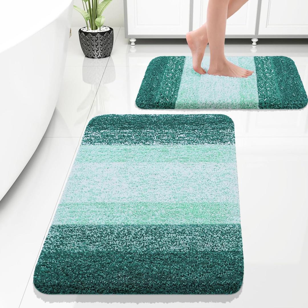 OLANLY Bathroom Rug Set 2 Piece, Soft Absorbent Microfiber Bath Rug Set, Non-Slip, Machine Wash Dry, Plush Shaggy Bath Mats for Bathroom (30"x20"+24"x16", Blackish Green)