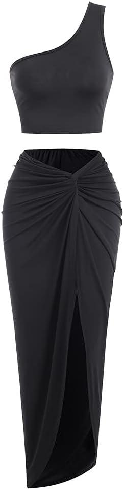 ZAFUL Women's Casual Sleeveless Summer Two Piece Outfits Crop Top and Side Split Draped Ruched Maxi Skirt Set Solid Suiting (Large, 1-black)
