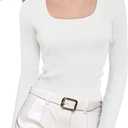 v28 Women Scoop Neck U-Neck Knit Long Sleeve Slim Fit Ribbed Sweater Tops (White, XL)
