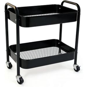 2 Tier Metal Rolling Utility Cart with Wheels Under Desk Storage Cart with Handle, Roll Around Organizer Trolley for Small Space Pantry Bathroom Home Kitchen Office Snack Baby Supplies, Black