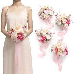Ling's moment Artificial Bridesmaid Bouquets Set of 4,Blush Wedding Flower Bouquets Pink Floral Bouquet Bridal Bouquets with Ribbon,Ceremony,Anniversary,7-inch Diameter (Pk-cream)