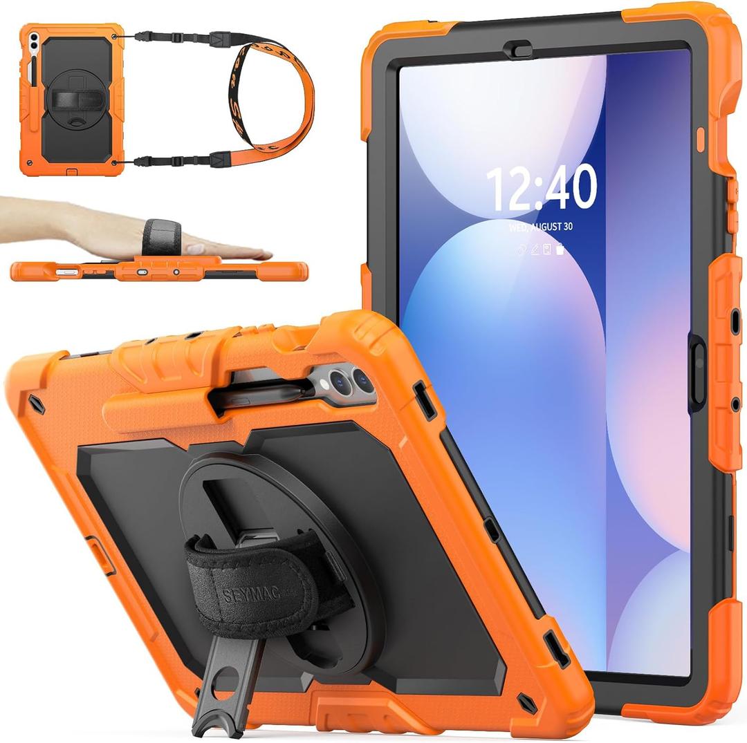 SEYMAC stock Case for Samsung Galaxy Tab S10 Plus/ S9 FE Plus/ S9 Plus 5G Tablet 12.4'' Case with Screen Protector Pencil Holder [360 Rotating Hand Strap] &Stand, Drop-Proof, Orange1