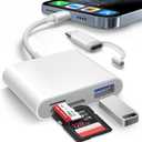 AkHolz SD Card Reader for iPhone iPad Built-in Lightening & USB-C Dual Connectors Card Adapter with SD MicroSD USB-A 3 Slots Trail Camera Memory Card Viewer, Portable No App Required Plug and Play (White)