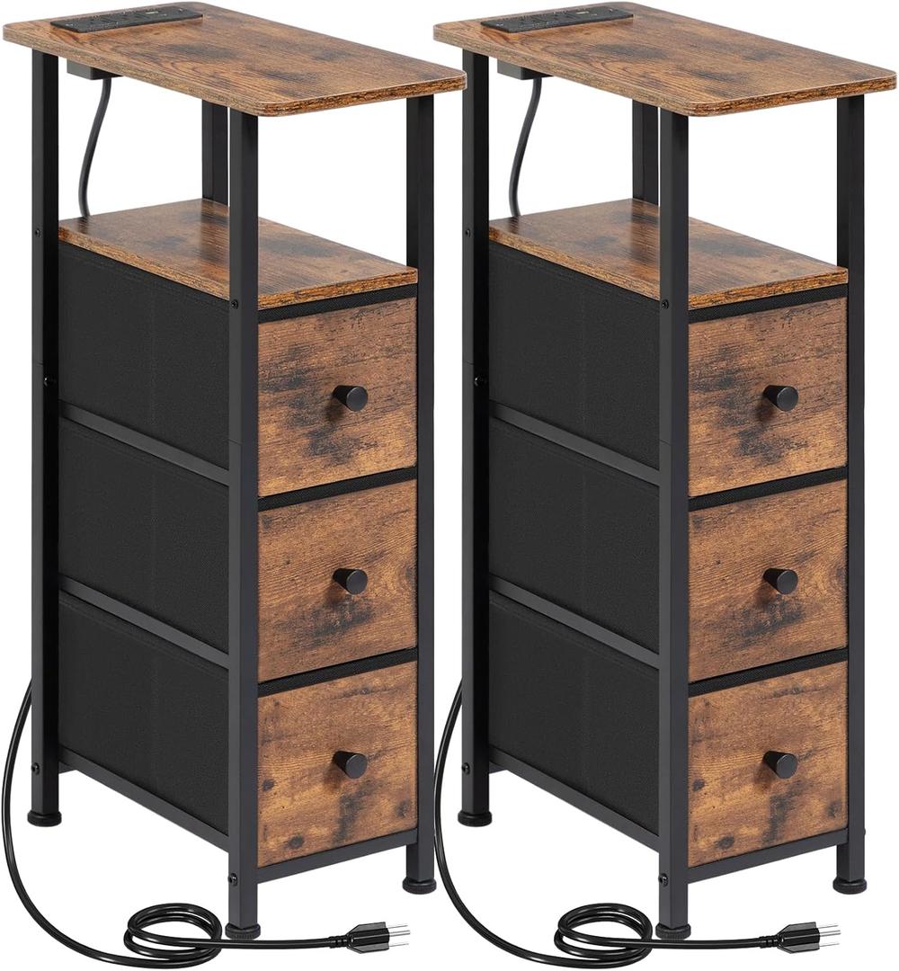 Narrow End Tables Living Room Set of 2 with Charging Station, Skinny Side Table with Fabric Drawers, Slim Nightstand for Bedroom, Small Spaces, Couch, Brown, HETNDP03BR
