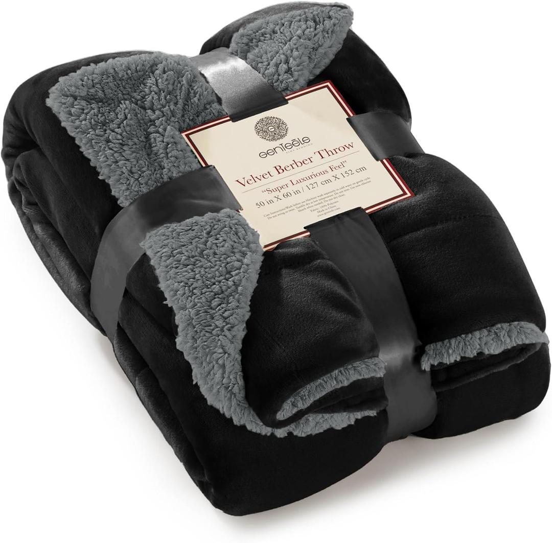 Genteele Sherpa Throw Blanket Super Soft Reversible Ultra Luxurious Plush Blanket, 50 x 60 inches, Black/Gray