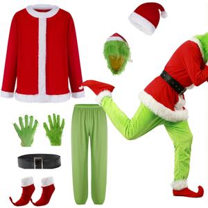 Adrinfly 7pcs Christmas Big Monster Santa Suit for Adult Green Deluxe Santa Costume With Mask (XX-Large)