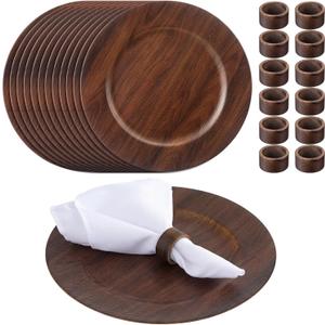 12 Set 13" Brown Round Chargers for Dinner Plates with 12 Pcs Handmade Acacia Wood Napkin Ring, Farmhouse Faux Wood Rustic Chargers Weddings, Party, Dining, Anniversary, Birthday