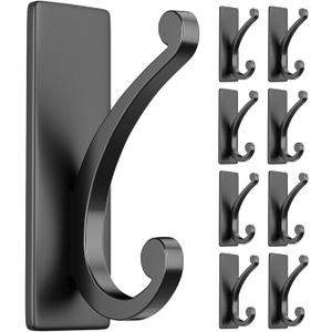 8-Pack Adhesive Coat Hooks for Door: 10LB Designer Wall Hook for Hanging Towel, Bathroom, Heavy Duty Stainless Stick on Hanger, Black
