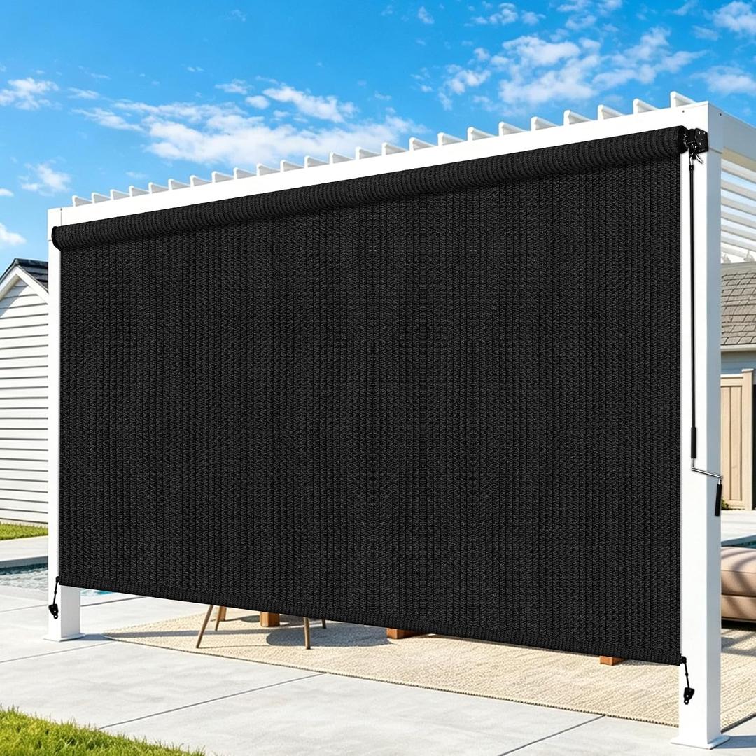 Outdoor Roller Shades for Patio, Black 12' W x 8' H Cordless Patio Shades Roll Up Outdoor Blinds with Splicing Design, 90% UV Protection for Porch Gazebo Pergola, 144"W x 96"H