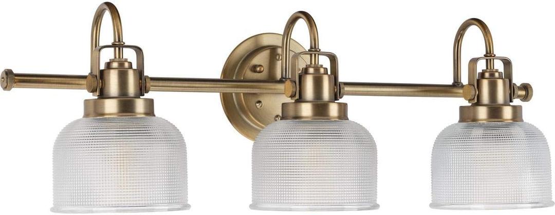 Progress Lighting P2992-163 Archie Collection Clear Double Prismatic Glass Coastal Bath Vanity, 3-Light, Vintage Brass, 26.25x7.25x8.75 in