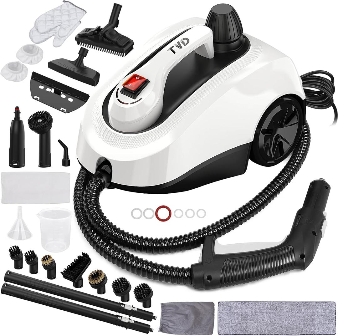 TVD Steam Cleaner, Heavy Duty Canister Steamer with 28 Accessories, Steam Mop with 5M Extra-Long Power Cord for Home Floor Cleaning, Grout, Wallpaper Removal, Upholstery, Car Detailing,White, Large