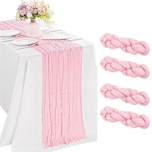4 Pack Light Pink Gauze Cheesecloth Table Runners 10ft (35x120 Inch) - Boho Wedding Decor for Bridal Showers, Baby Showers & Birthday Parties