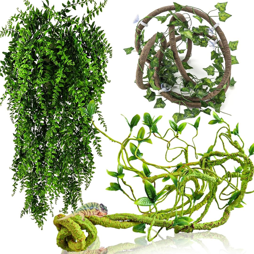 HERCOCCI Reptile Vines, Flexible Jungle Climbing Vines Terrarium Plastic Plants and Leaves Tank Accessories Decor for Gecko Snake Lizard Bearded Dragon Hermit Crab Frog