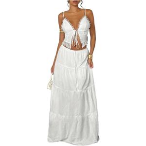 Floerns Women's 2 Piece Outfit Lace Trim Tie Front Camisole Top Tiered Maxi Skirts Set (White)