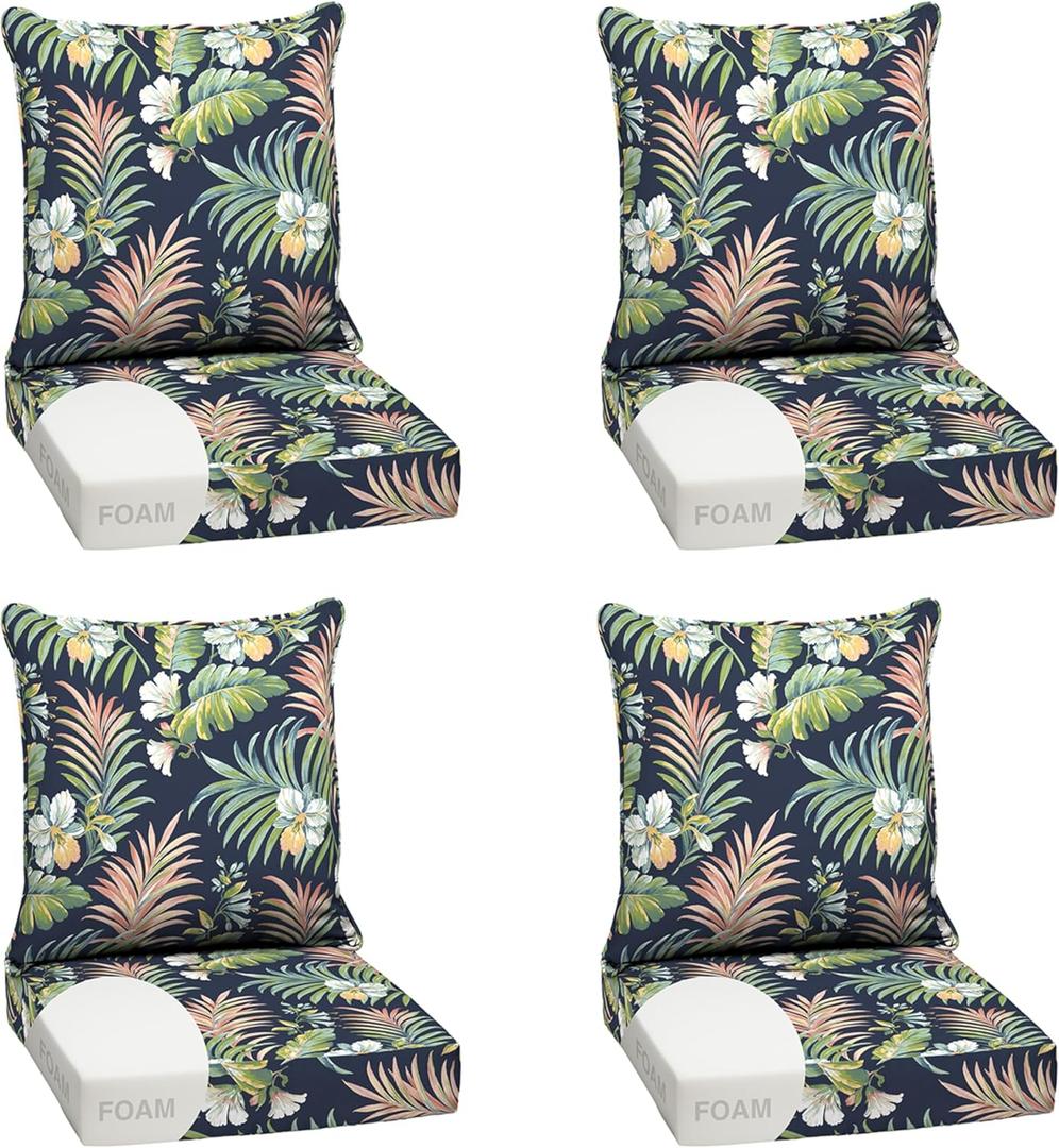 Arden Outdoor Foam Deep Seat Cushion Set , 24x24, Premium High-Density Foam, Never Flattens, Weather-Proof for Patio Chair Sofa Couch, Simone Blue Tropical