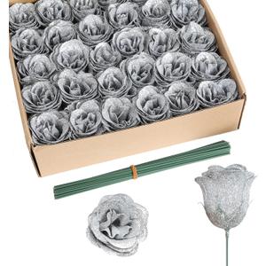 Glitter Roses Bouquet,30PCS Silver Roses Fake Roses Artificial Flowers for Wedding Bouquet Party Christmas Home Decor(Silver)