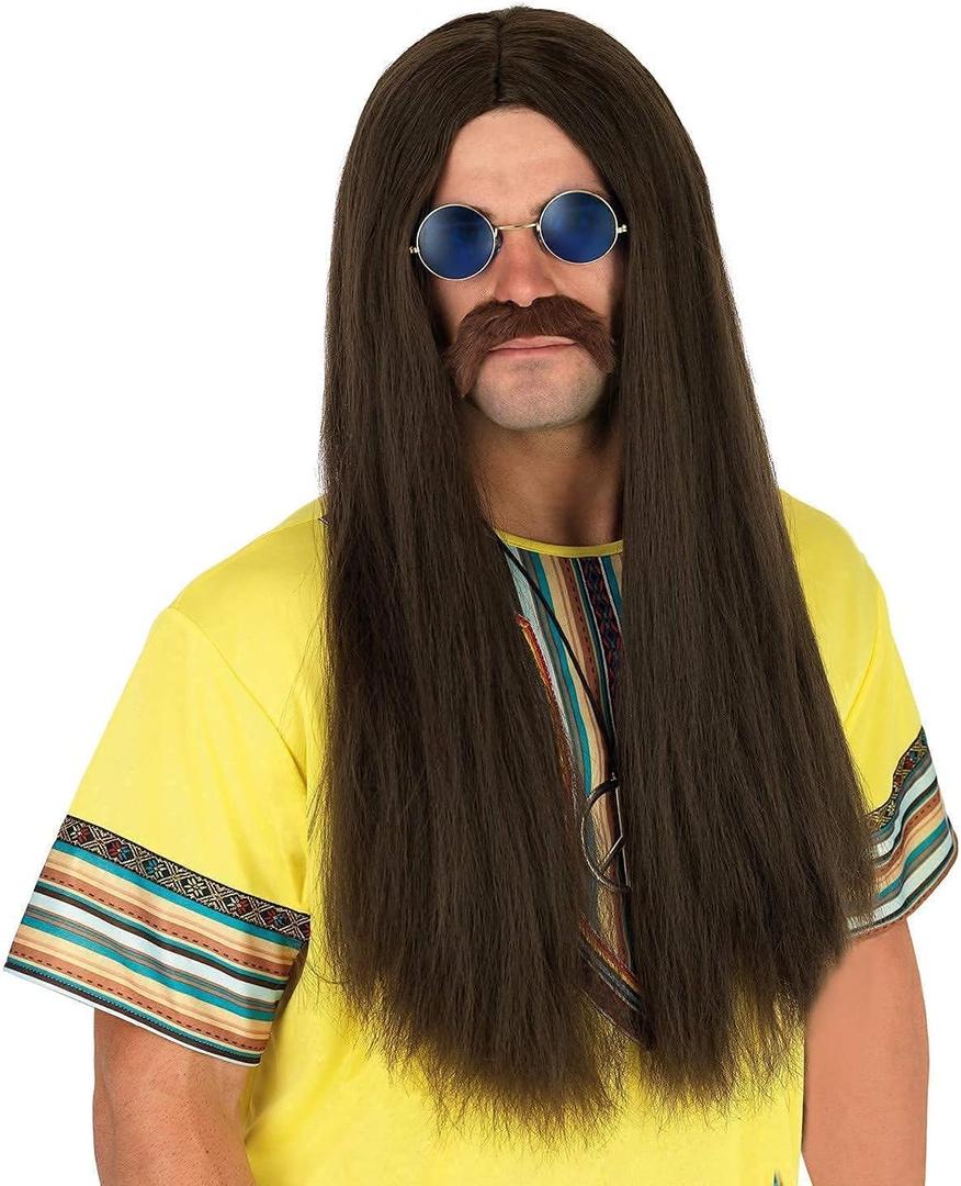 fun shack Hippie Wigs For Men, 60s Hippie Costume Accessories, Wig And Mustache Set, Halloween Costume Gear, One Size (Brown)