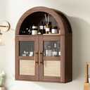 RUSTOWN Arched Bathroom Wall Cabinet, Rattan Medicine Cabinet with 2 Glass Doors, Farmhouse Over the Toilet Storage Cabinets with Adjustable Shelves, 3-Tier Wall Mounted Cabinets