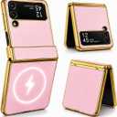 Genuine Leather Case for Samsung Galaxy Z Flip 3, MagSafe Compatible Slim Cover with Hinge Protection, Military-Grade Drop Protection, Free Magnetic Grip Holder, Gold Trim (Pink)