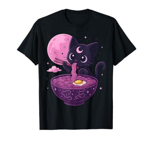 Kawaii Pastel Goth Cat Eating Ramen Under Moon Japanese T-Shirt, M
