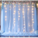 Baby Blue Backdrop Curtains with Lights String for Baby Shower Parties 2 Panels 5×10ft Sheer Tulle Backdrop Curtain Panels for Birthday Party Bridal Shower Photo Shoot Background Wall Decorations