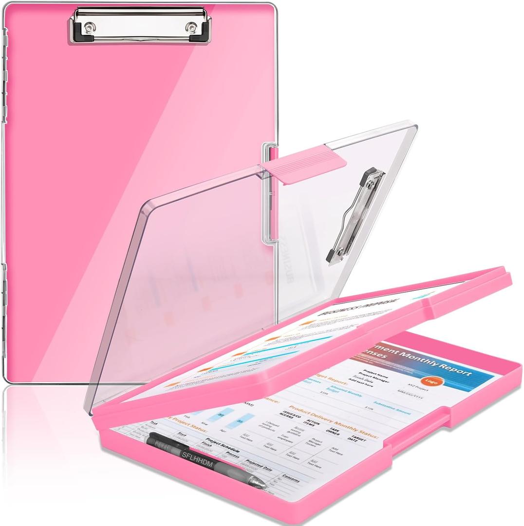 SFLHHDM Clipboard with Storage,Heavy Duty Clip Boards 8.5x11 with 2 Storage Case,Clear Visible Panel Storage Clipboards,Side Opening Nursing Clipboard Folder for Office Supplies-Pink