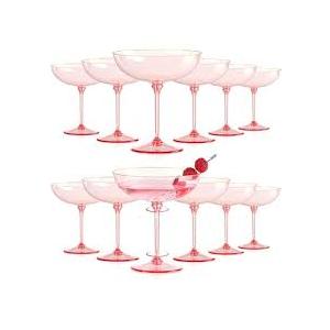 HKSZEH 12 PCS Ribbed Coupe Glasses Pink Plastic Champagne Coupe Cup 10oz Detachable Gold Rim Espresso Martini Glass Vintage Margarita Glassware Cocktail Glass for Wedding Bachelorette Party