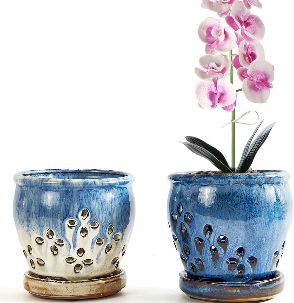 Orchid Pots with Holes Attached Saucers 4.6 Inches - 2 Pcs Small Ceramic Pots for Repotting, Decorative Ceramic Orchid Planter with Hole for Healthy Root Growth Blue Purple