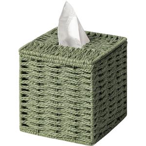 Sage Green Tissue Box Cover, Paper Rope Hand Woven Square Tissue Box Holder for Home Decor, Bathroom Countertop, Office, Bedside Table