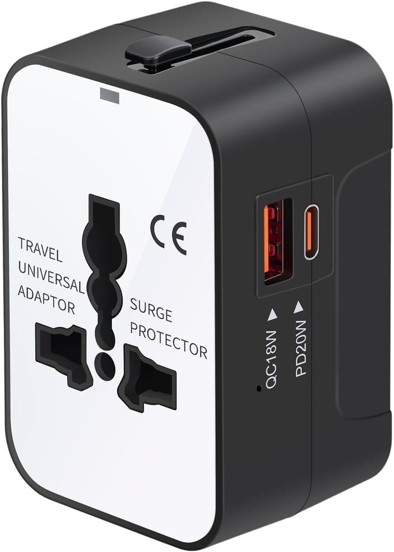 Travel Adapter Fast Charge, GaN Worldwide All in One Universal Travel Adapter with PD3.0 Type C & USB-A Quick Charging Portable Wall Charger AC Power Plug Adapter for USA EU UK AUS, White