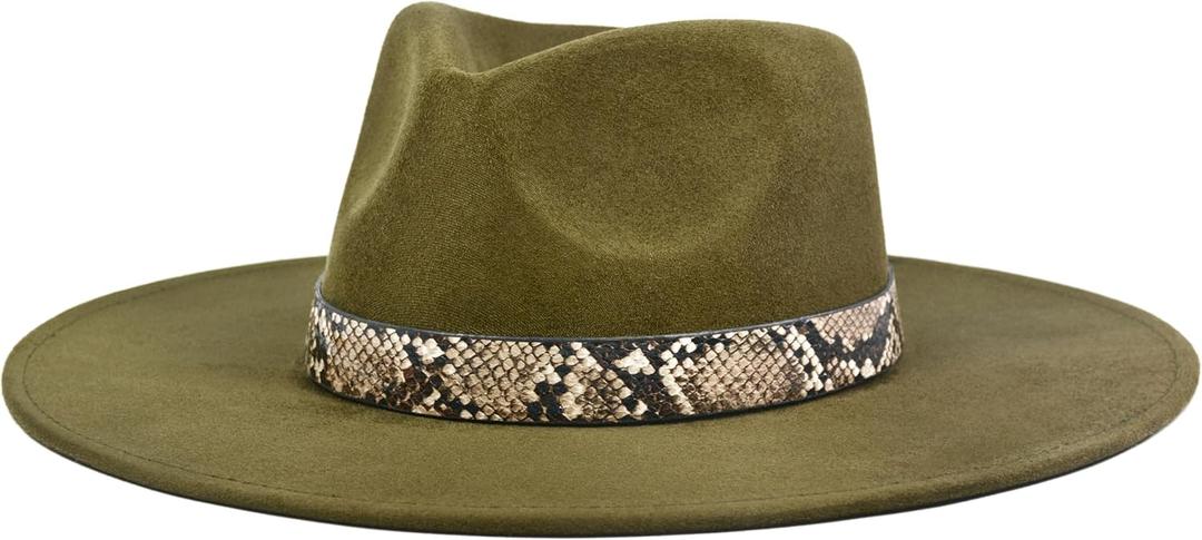 FLUFFY SENSE. Big Wide Brim Boho Western Hat for Women and Men - Felt Rancher Fedora Hat with 4 inches Flat Brim (Green, M)