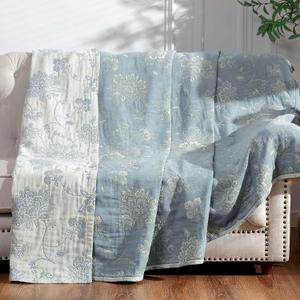 jinchan Boho 100% Cotton Muslin Queen Size 80x90 Inches Blanket Lightweight 4-Layer Quilted Soft Blue and White Floral Throw Blanket Green Accents Reversible Comfy Flower Rustic Summer Couch Bedroom