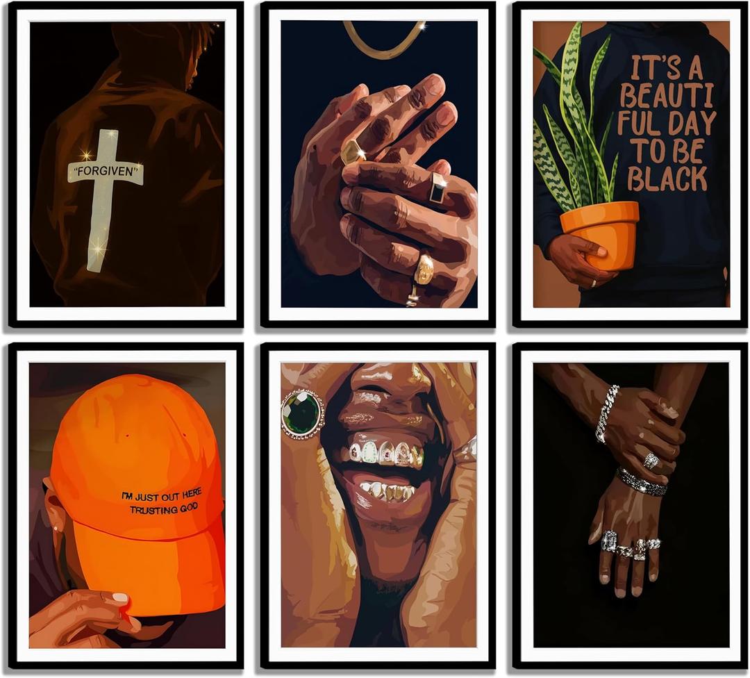 6pcs Black man Canvas Wall Art Black Man Trend Luxury Street Painting Pictures Decor Fashion African American Posters Prints Artwork for Living Room Bedroom Scene Home Decoration Unframed (10L" x 8W")