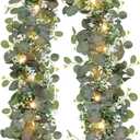 N&T NIETING 1 Pack Artificial Eucalyptus Garland with Lights, 6FT Artificial Greenery Garlands, Battery Operated Twig Vine for Room Stairs Mantle Wedding Holiday Easter Decoration Indoor Outdoor