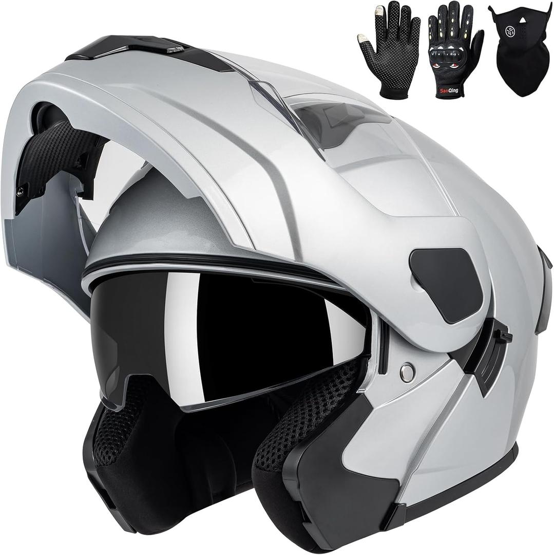 Adult Modular Motorcycle Helmets, DOT Approved Flip up Dual Visor Full Face Helmet for Men Women Moto ATV UTV Snowmobile ADV Four Wheeler Street Bike with Gloves & Mask, Medium