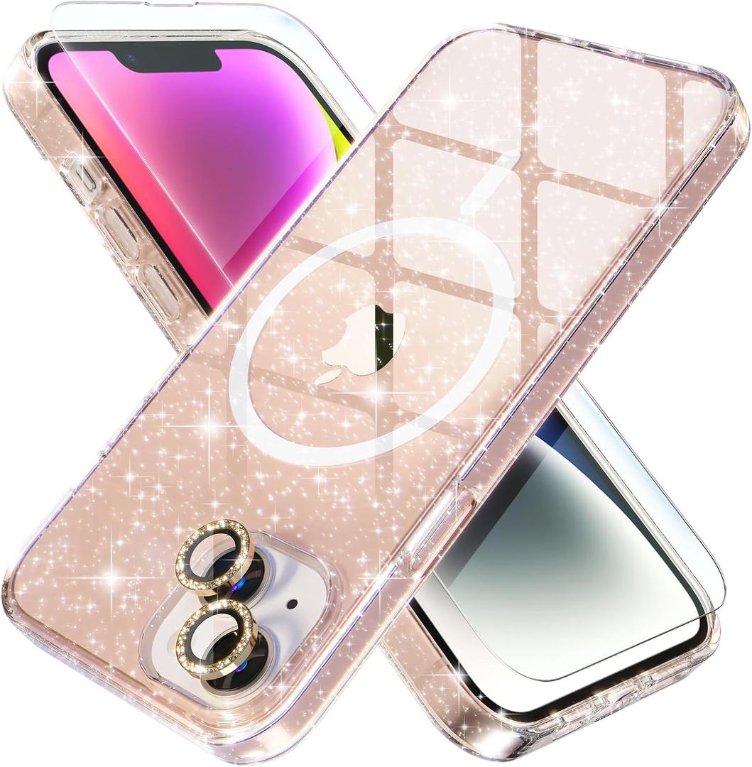 Choiche Magnetic Case for iPhone 14 Plus, Women Clear Glitter Bling Sparkly Case, [2xDiamond Camera Lens Protectors] [2xTempered Glass Screen Protectors] [Compatible MagSafe] (Glitter Gold)