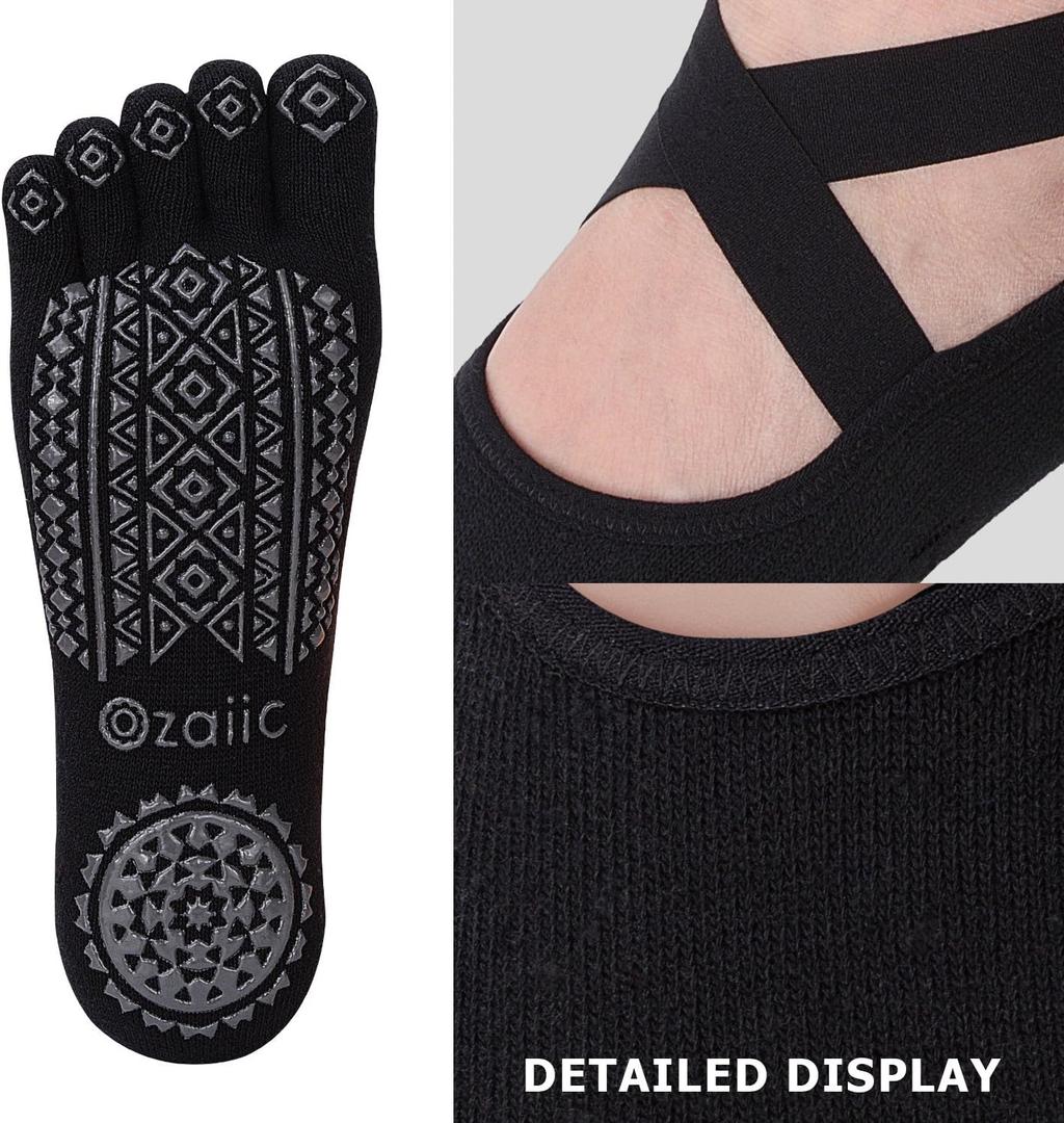 Ozaiic Yoga Socks for Women with Grips, Non-Slip Five Toe Socks for Pilates, Barre, Ballet, Fitness (One Size)