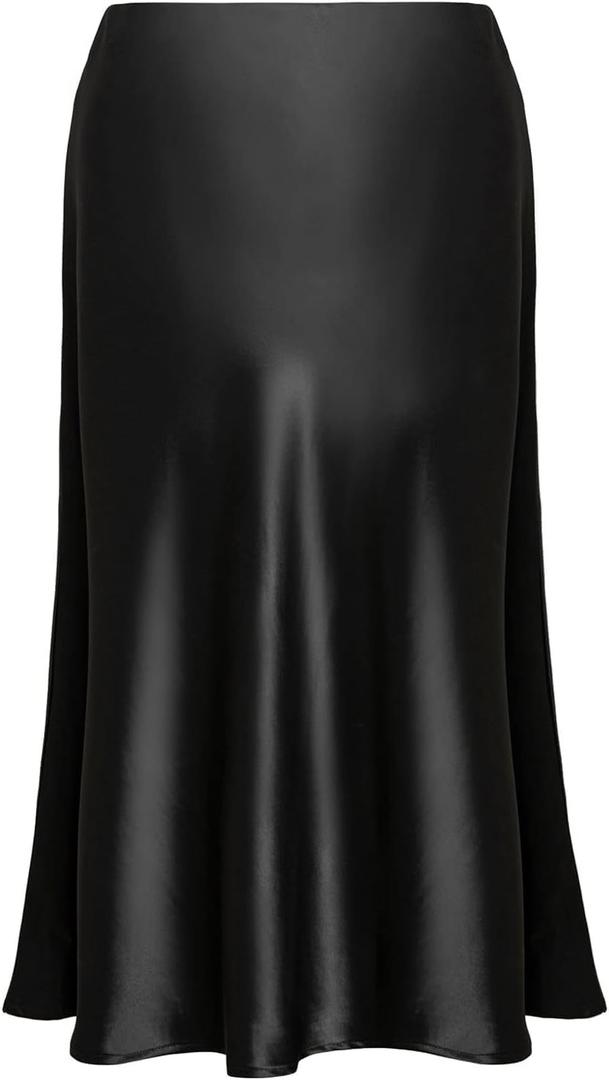 Basoteeuo Midi Skirts for Women High Waist Satin Summer Casual Sexy Midi Length Elastic Skirt (Medium, Black)