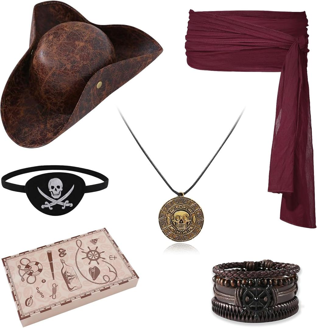 Pirate Hat and Accessories Set with Eye Patch Necklace Sash Leather Bracelets for Men Women Pirate Costume Halloween Cosplay Renaissance Outfit