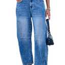 GREAIDEA Mid Rise Barrel Jeans for Women Wide Leg Mid Waist Cropped Cotton Pants Y2k Baggy Boyfriend Jeans with Pockets Dark Blue XXS