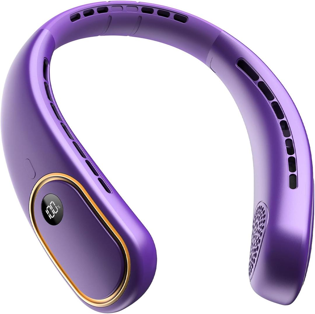 SHEWIND Portable Neck Fan - 5000mAh Rechargeable Hands-Free Wearable Fan | 4 Speeds, Bladeless & LED Display | Personal Cooling Fan for Travel, Outdoors, Camping - Purple
