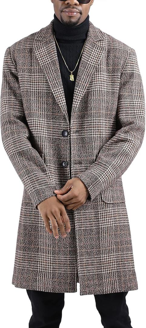 Uaneo Mens Winter Trench Coat Notched Collar Single Breasted Plaid Mid Long Peacoat Overcoats with Pockets (Brown, M)