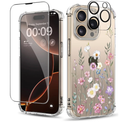 for iPhone 16 Pro Case,[3 in 1] with Screen Protector & Camera Lens Protector, Flower Pattern Design, Clear Soft Shockproof Slim Floral Phone Cover for Women Girls 2024 6.3"(Blooming Flowerets)