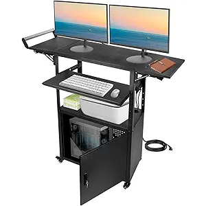 Large Mobile AV Cart with Locking Cabinet and Drop Leaves, Height Adjustable Steel AV Cart with Wheels and Power, Rolling Computer Cart with Pullout Keyboard Tray for Office, Warehouse&Classroom