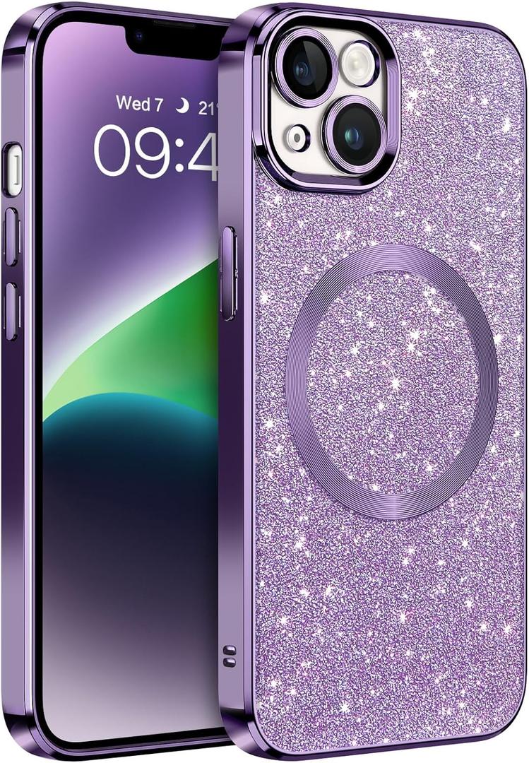 DOMAVER for iPhone 14 Case with Magnetic [Compatible with MagSafe] Luxury Clear Glitter Bling Shockproof Protective Cover Full Camera Lens Protector Women Girls- Purple