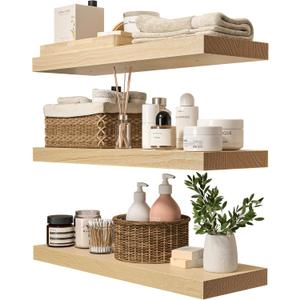 Natural Wood Floating Shelves Set of 3, Wide and Thick Rustic Wooded Wall Shelf 24 inch, Floating Shelf Wall Mounted for Living Room Bedroom Bathroom Kitchen - DIY Unfinished - 24D x 6.7W inch